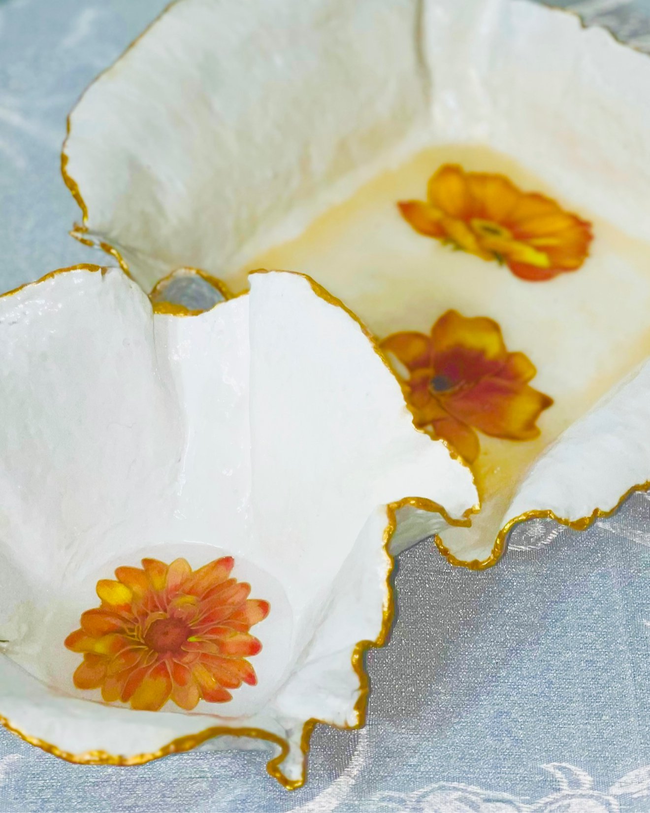 SOLD "White/Gold bowl with Orange Flowers" image 4