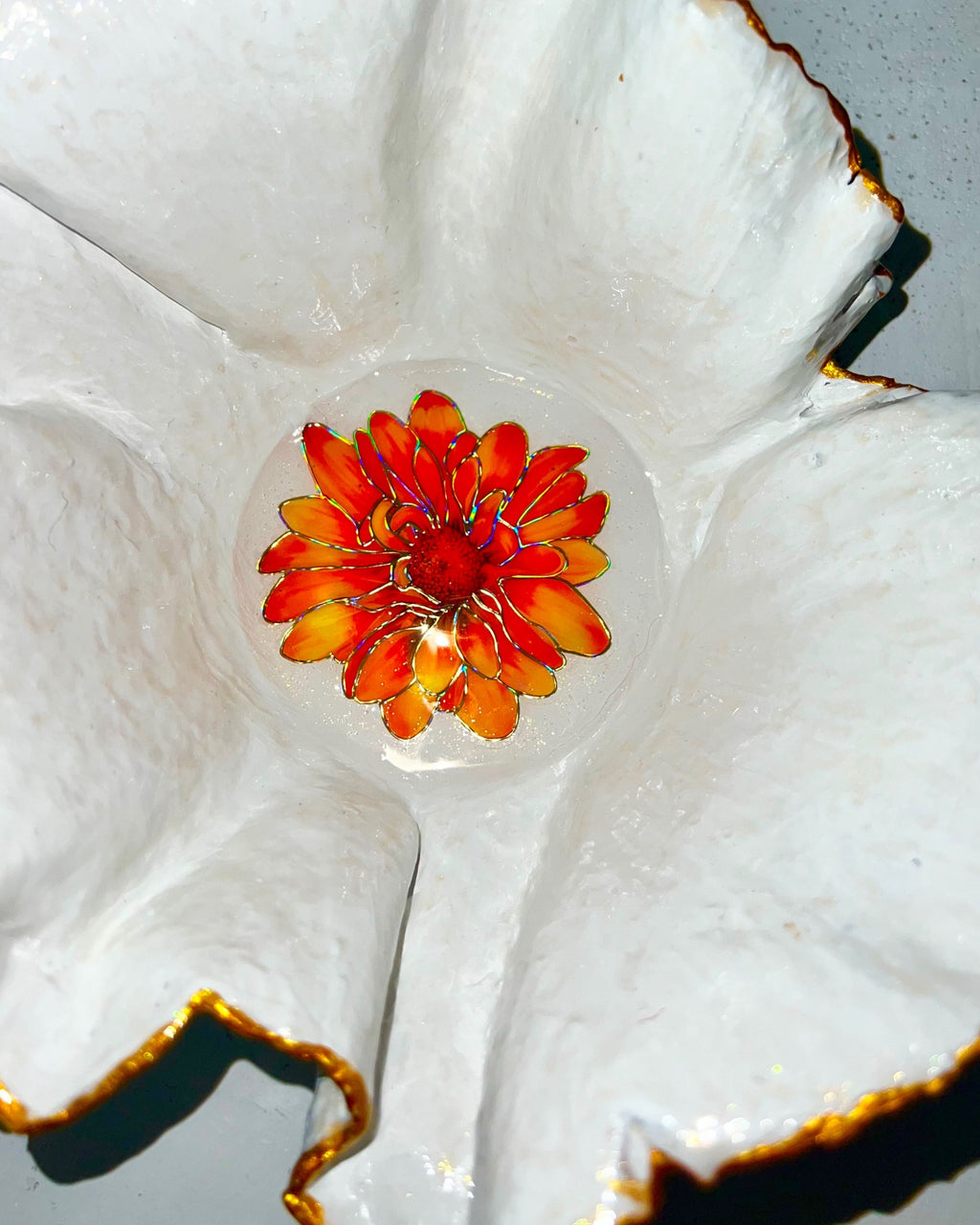 SOLD "White/Gold bowl with Orange Flowers" image 3