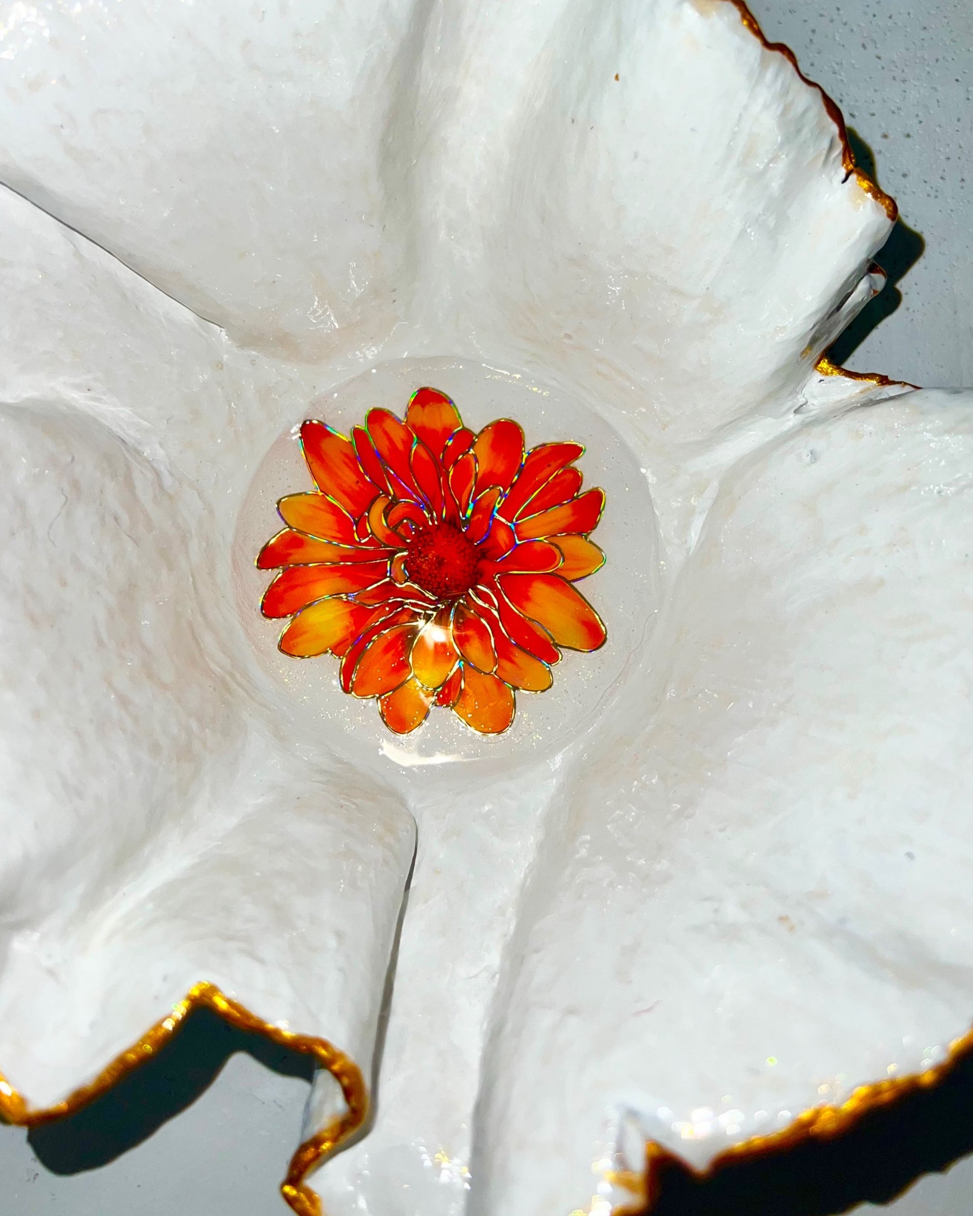 SOLD "White/Gold bowl with Orange Flowers" image 3