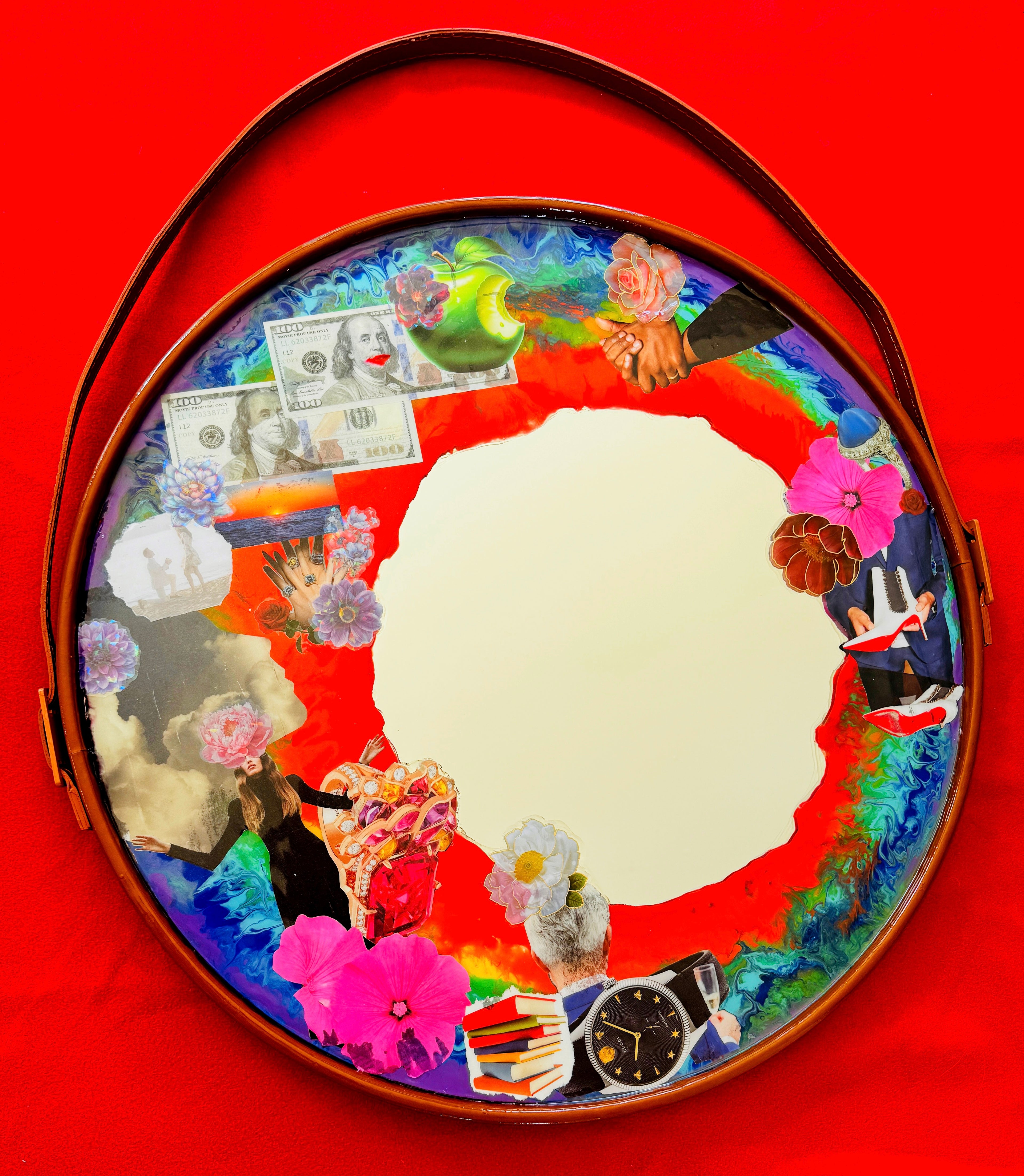 "Apple Wishes" round mirror 24"x24" x1.5" ready to hang image 0