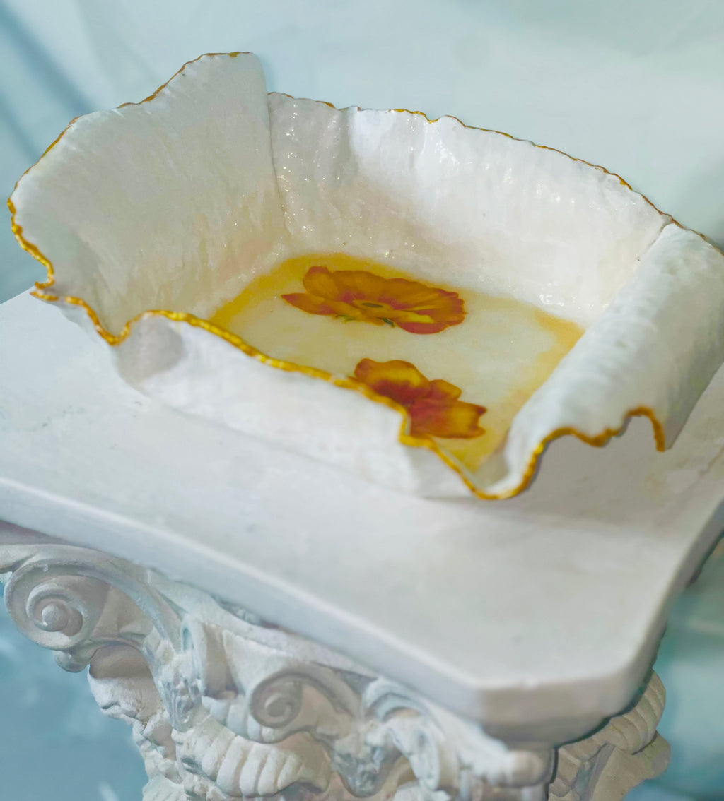 SOLD "White/Gold bowl with orange flowers" image 3