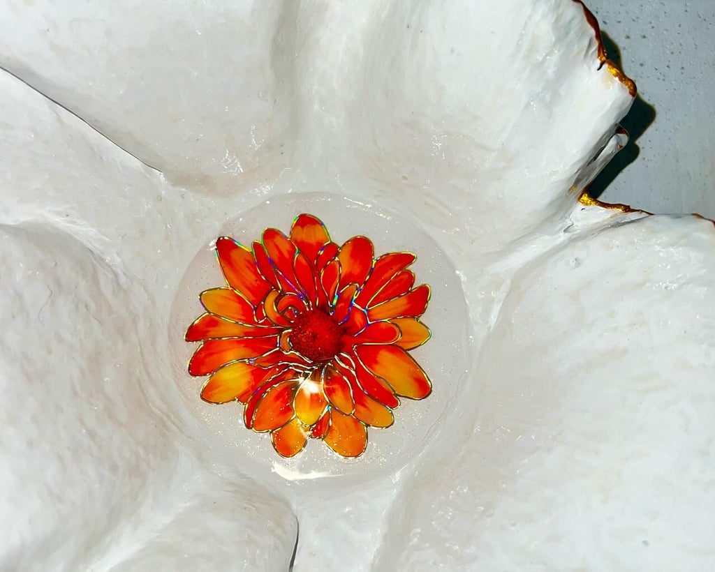 SOLD "White/Gold bowl with Orange Flowers" image 1