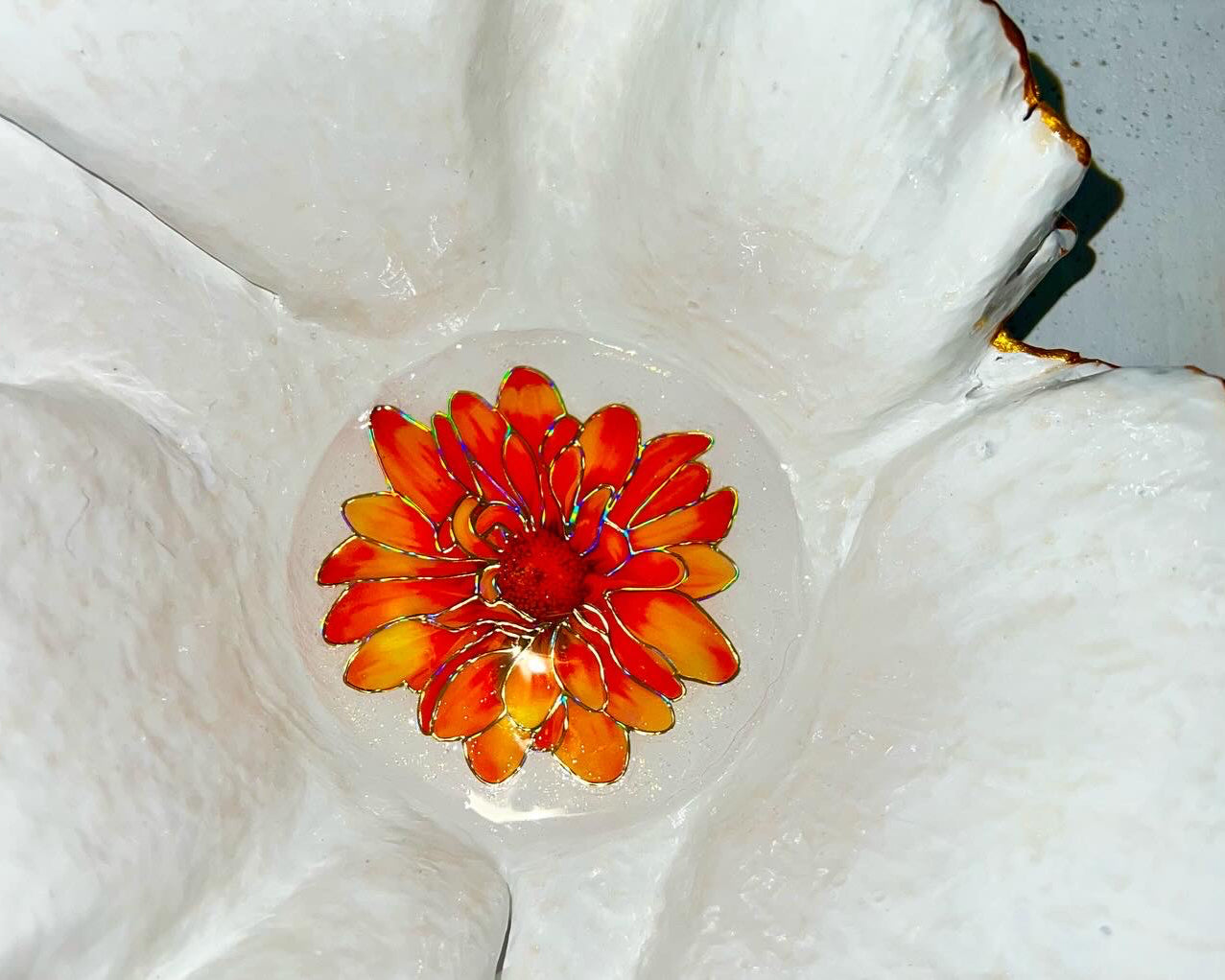 SOLD "White/Gold bowl with Orange Flowers" image 1