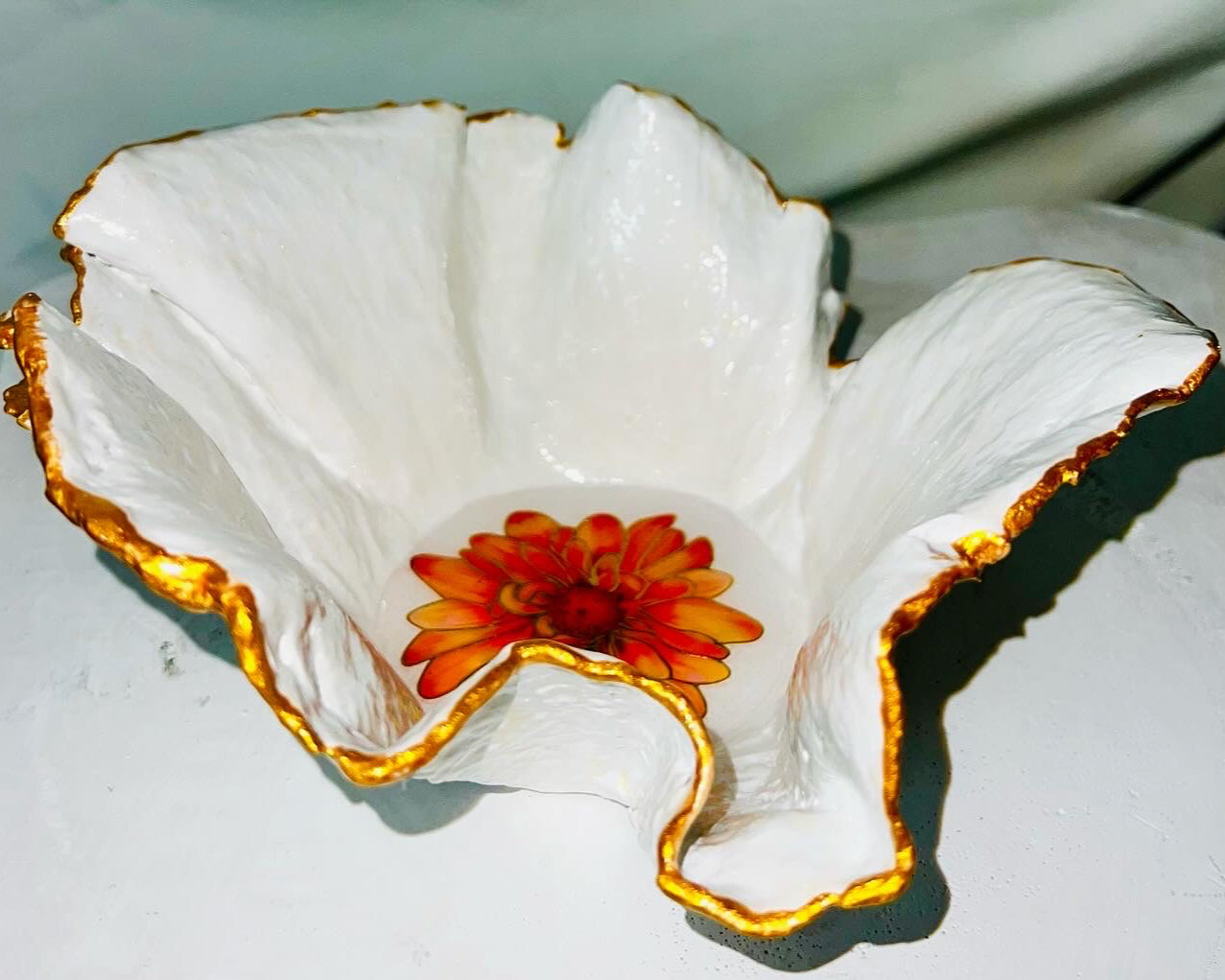 SOLD "White/Gold bowl with Orange Flowers" image 0