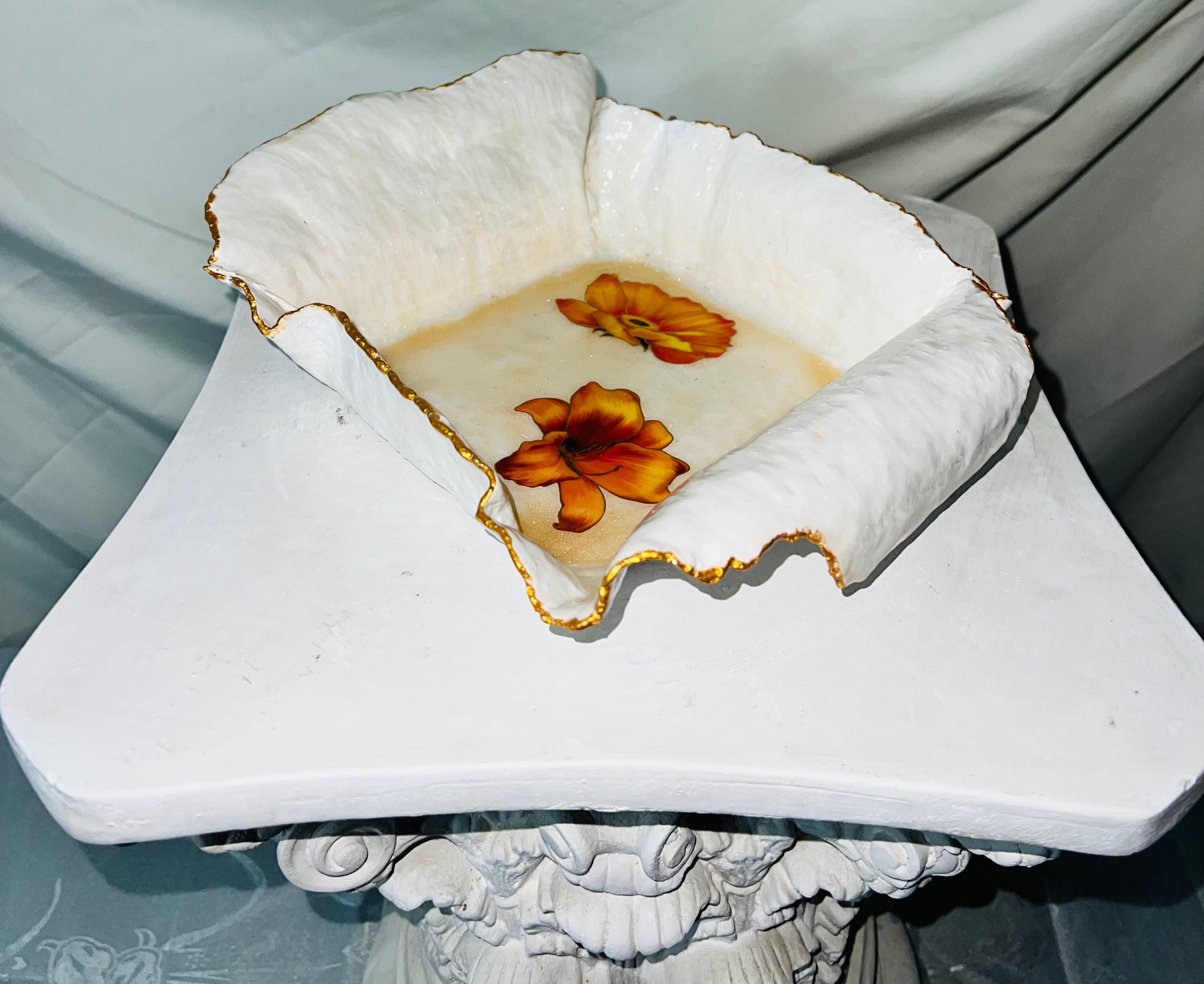 SOLD "White/Gold bowl with orange flowers" image 4