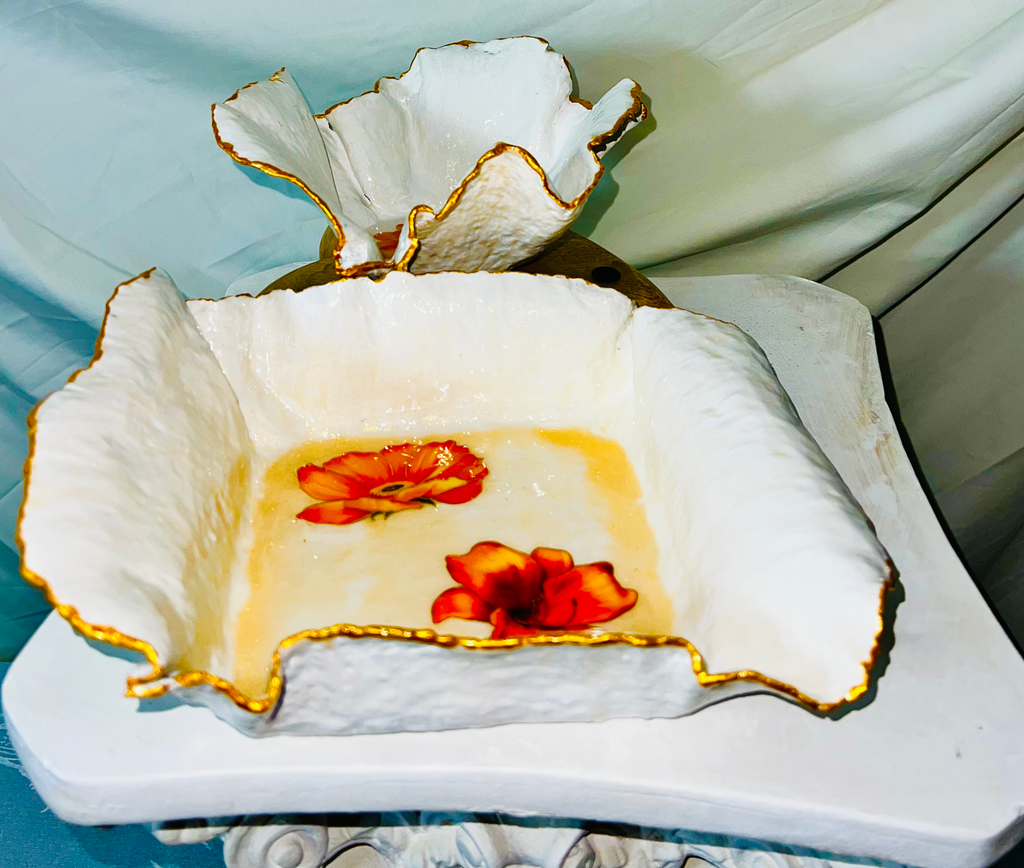 SOLD "White/Gold bowl with orange flowers" image 1