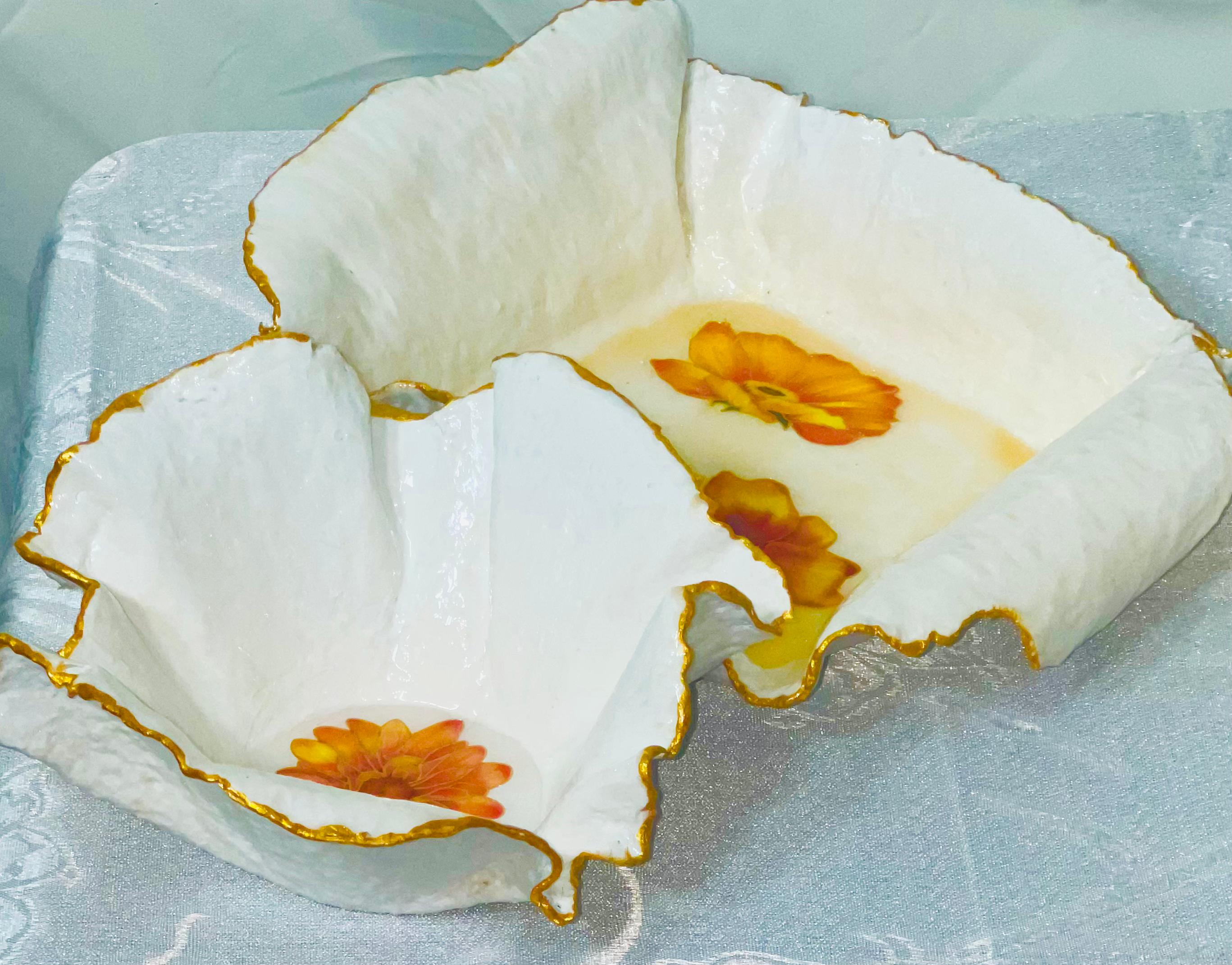 SOLD "White/Gold bowl with orange flowers" image 2