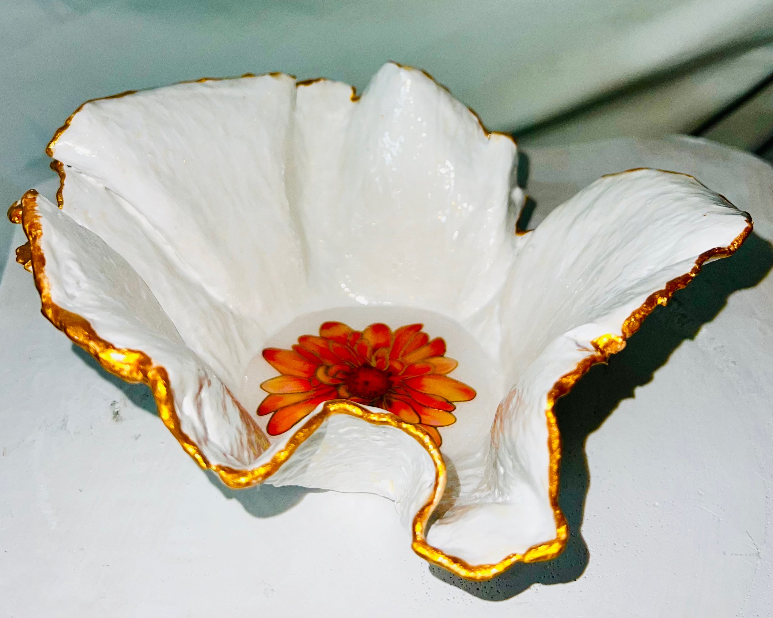 SOLD "White/Gold bowl with Orange Flowers" image 2